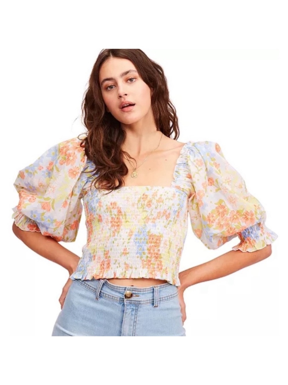 Billabong 🌸Feeling Groovy Smocked Floral Print Peasant Top Sz S